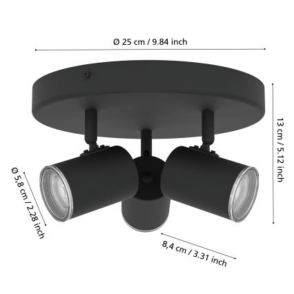 Eglo - Bathroom spotlight, 3× GU10 (5W each), 230V, IP44, Black