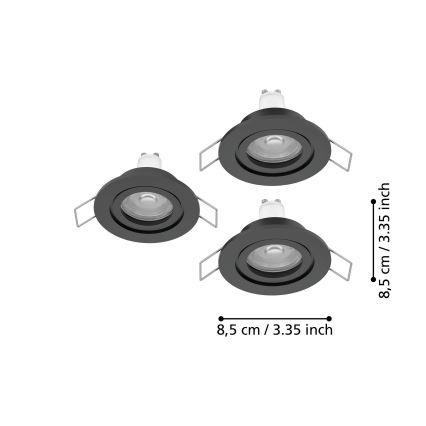 Eglo - Set of 3 LED Bathroom Recessed Spotlights, 1x GU10 / 4.5W / 230V, IP44, Black