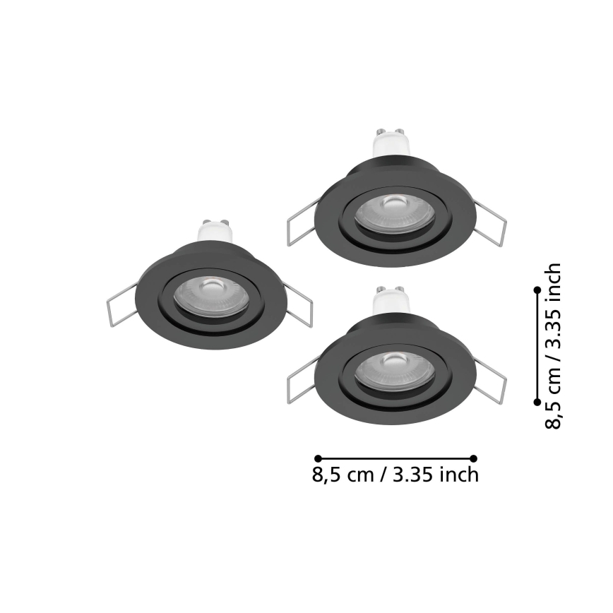 Eglo - Set of 3 LED Bathroom Recessed Spotlights, 1x GU10 / 4.5W / 230V, IP44, Black