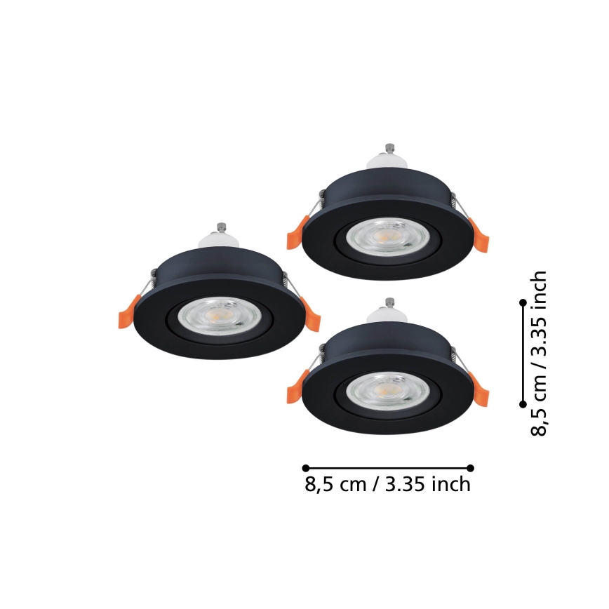 Eglo - Set of 3 LED Bathroom Recessed Spotlights 1x GU10/4.5W/230V IP44 Black