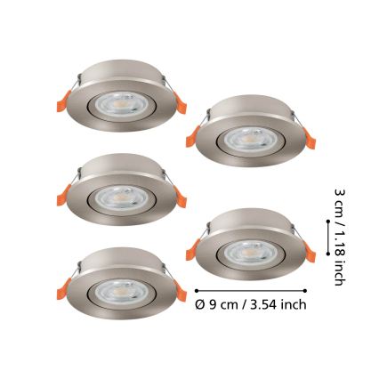Eglo - Set of 5 LED recessed downlights, 4.8 W, 230 V, 2700/4000/6500 K, matte chrome