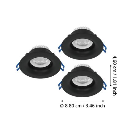 Eglo - Set of 3 LED Bathroom Recessed Downlights, LED/4.9W/230V, 2700/4000/6500K, Ø 8.8 cm, IP65, Black