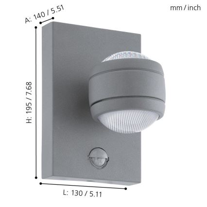 Eglo 96019 - LED Outdoor Wall Light with Sensor SESIMBA 1 2xLED/3.7W IP44