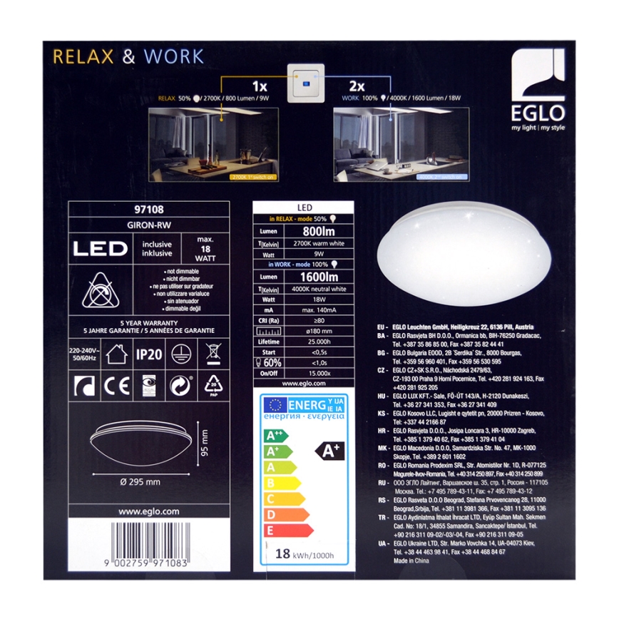 Eglo 97108 - LED Ceiling light GIRON-RW 1xLED/18W/230V 2700K-4000K