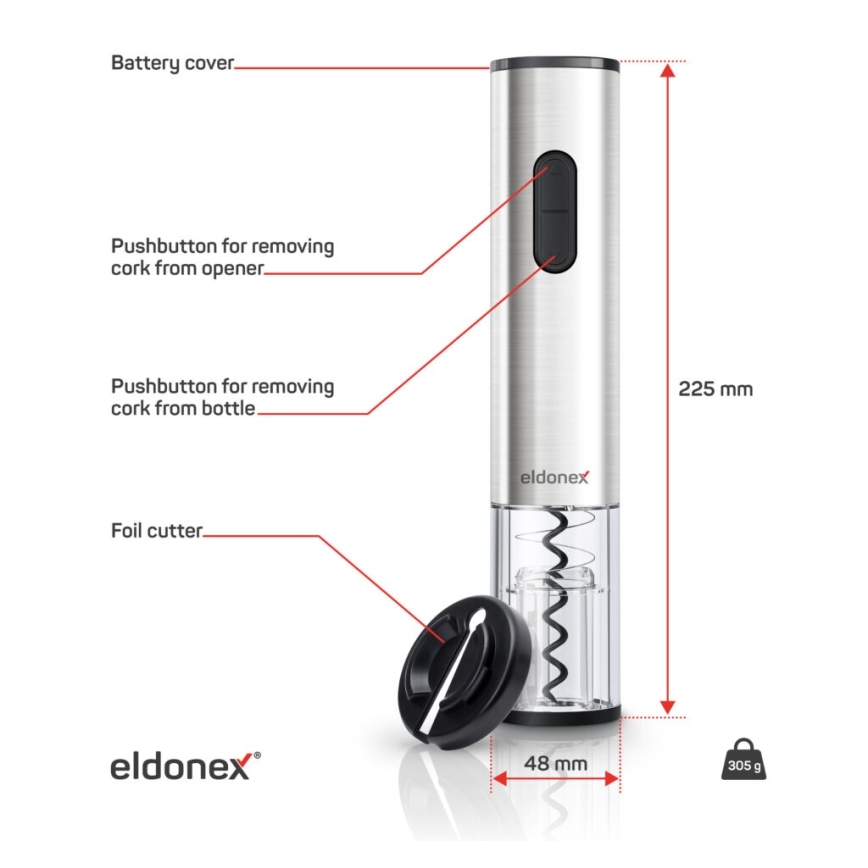 ELDONEX EWO-2200-SL - Electric wine opener 4xAA matte chrome