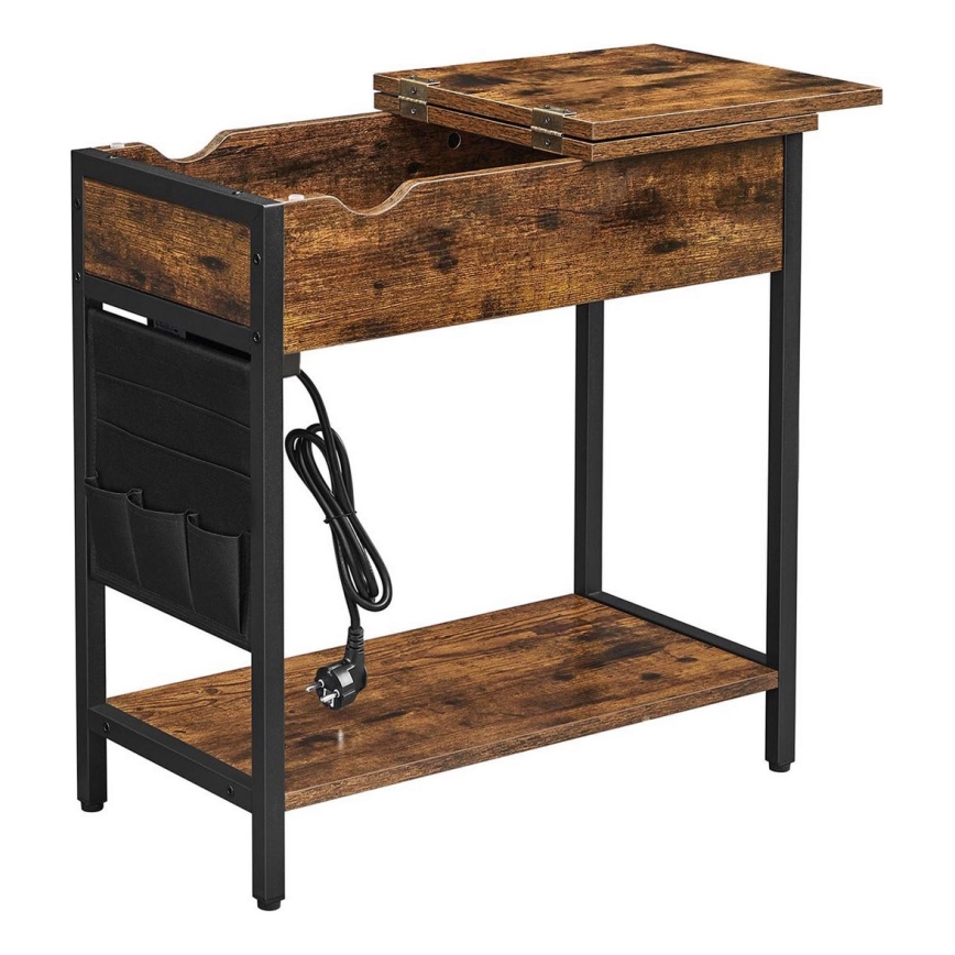 ELDUR side table with built-in power outlets and USB ports, brown/black