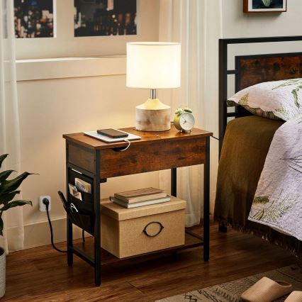ELDUR side table with built-in power outlets and USB ports, brown/black
