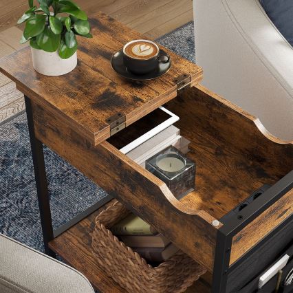ELDUR side table with built-in power outlets and USB ports, brown/black