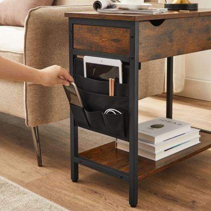 ELDUR side table with built-in power outlets and USB ports, brown/black