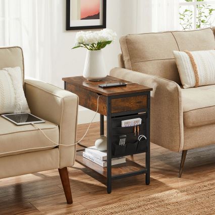 ELDUR side table with built-in power outlets and USB ports, brown/black