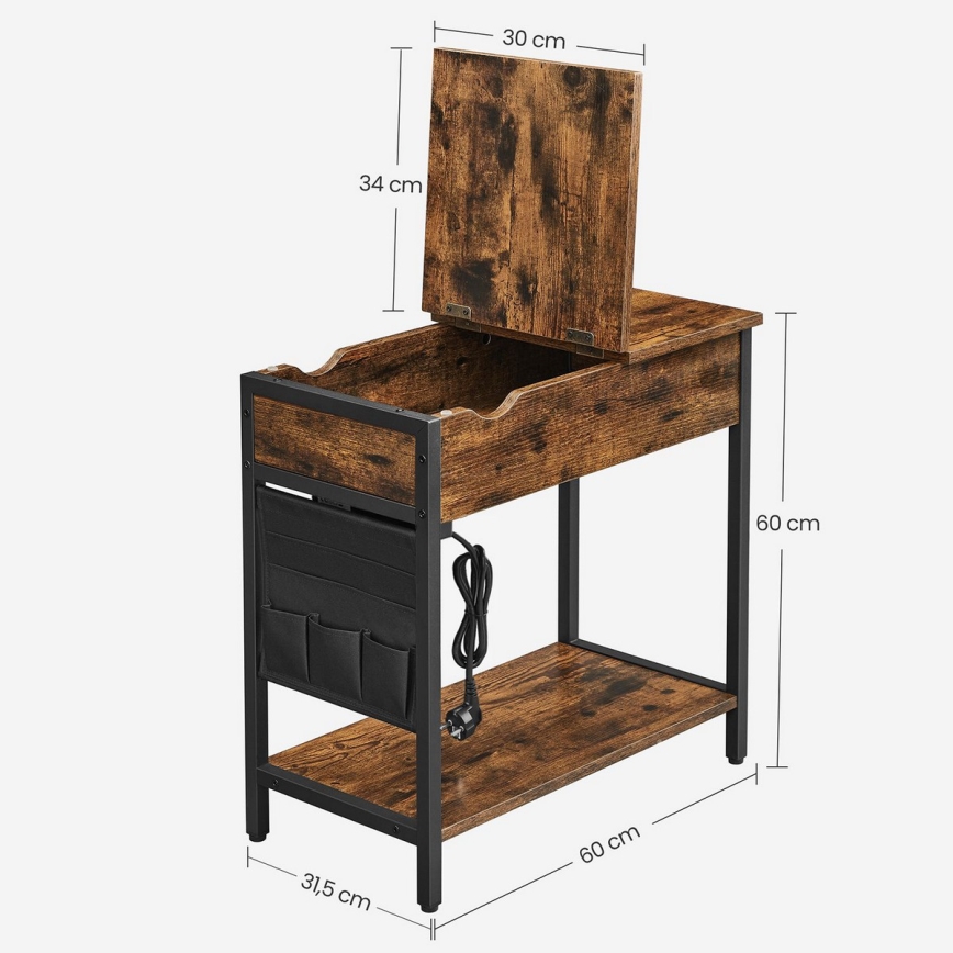 ELDUR side table with built-in power outlets and USB ports, brown/black