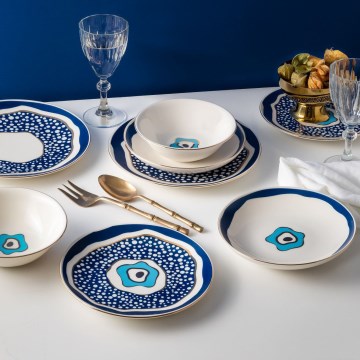 Elegant 24-piece porcelain dinnerware set in white, blue and gold