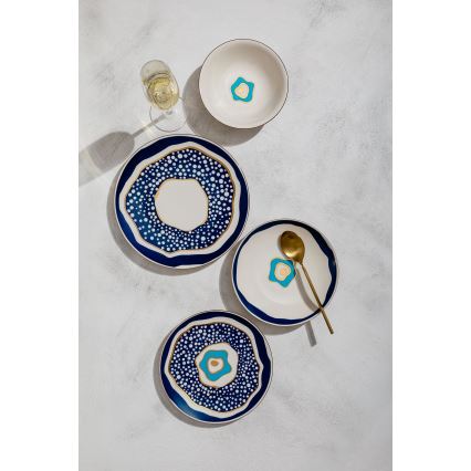 Elegant 24-piece porcelain dinnerware set in white, blue and gold
