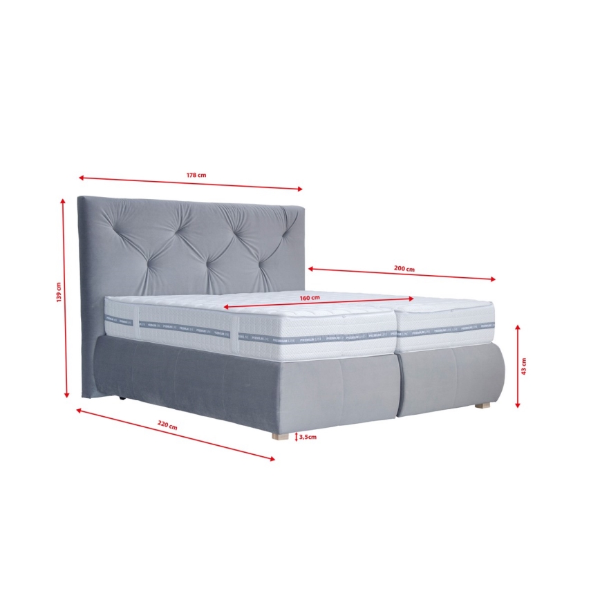 ELEN 160x200 cm Boxspring Bed with Mattress and Topper, Grey