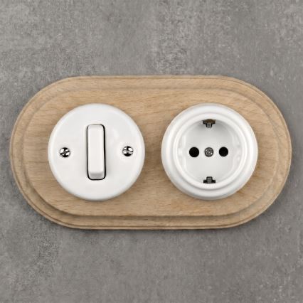 Elhard - Ceramic retro switch No. 1 and 230V socket with SCHUKO frame, white/light wood