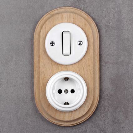 Elhard - Ceramic retro switch No. 1 and 230V socket with SCHUKO frame, white/light wood