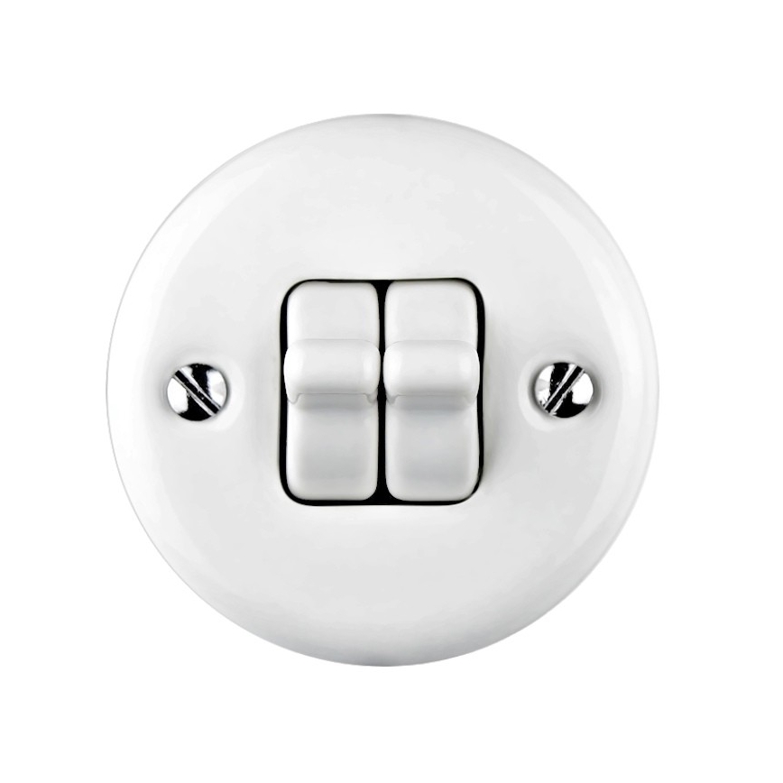 Elhard - Ceramic Retro Double-Gang Stairway Switch with Toggle No. 6+6, White