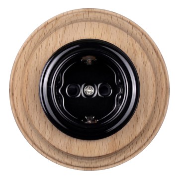 Elhard - Ceramic retro household socket with frame SCHUKO 230V black/light wood