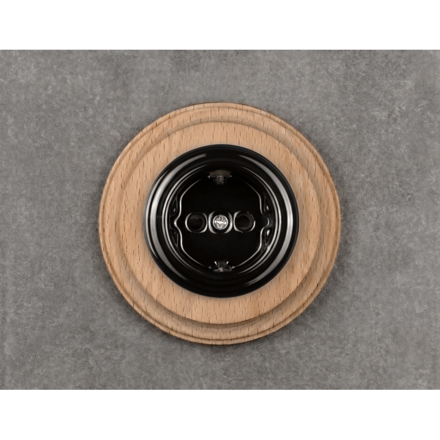 Elhard - Ceramic retro household socket with frame SCHUKO 230V black/light wood