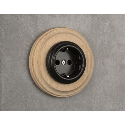 Elhard - Ceramic retro household socket with frame SCHUKO 230V black/light wood