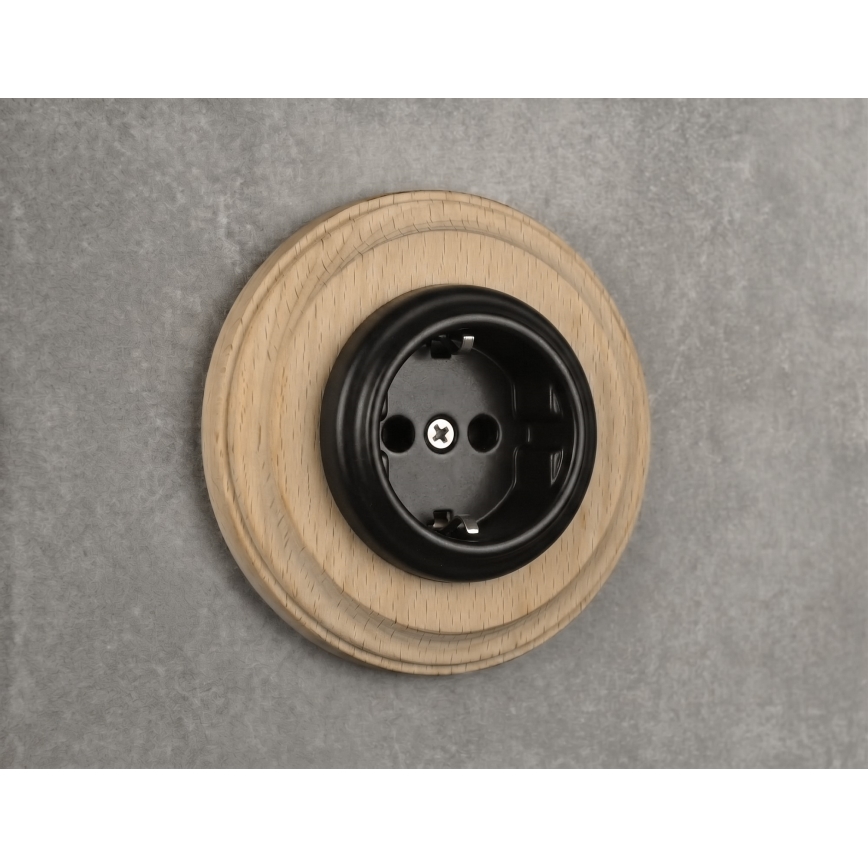 Elhard - Ceramic retro household socket with frame SCHUKO 230V black/light wood