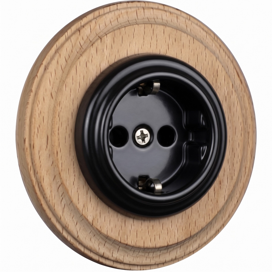 Elhard - Ceramic retro household socket with frame SCHUKO 230V black/light wood