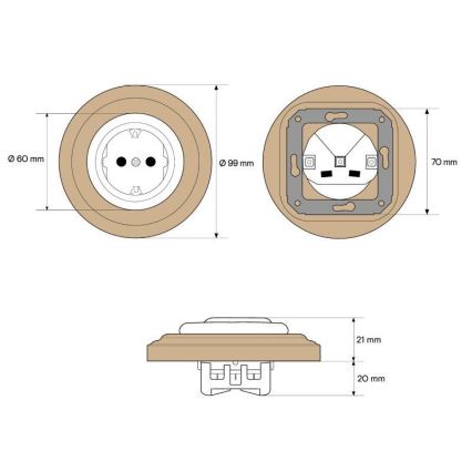 Elhard - Ceramic retro household socket with frame SCHUKO 230V black/light wood