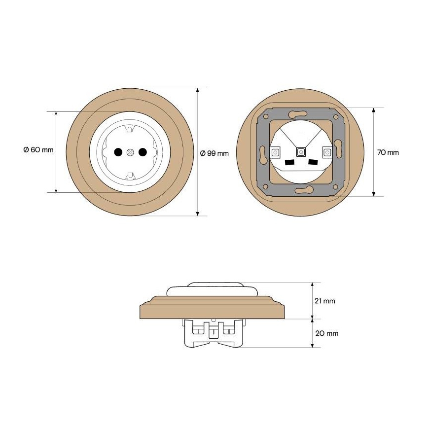 Elhard - Ceramic retro household socket with frame SCHUKO 230V black/light wood