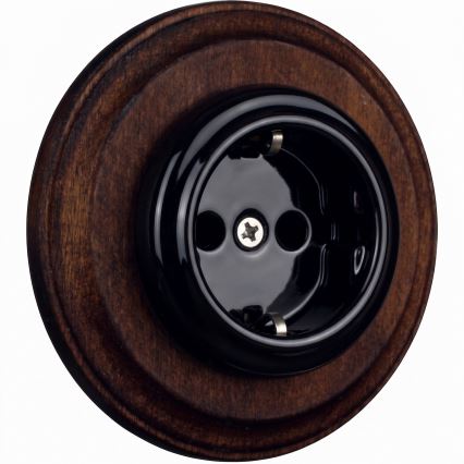 Elhard - Ceramic retro household socket with SCHUKO frame 230V black/dark wood
