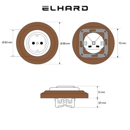 Elhard - Ceramic retro household socket with SCHUKO frame 230V black/dark wood