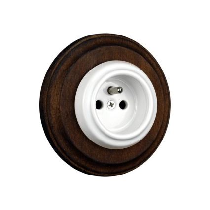 Elhard - Ceramic retro household wall outlet with frame, 230 V, white/dark wood