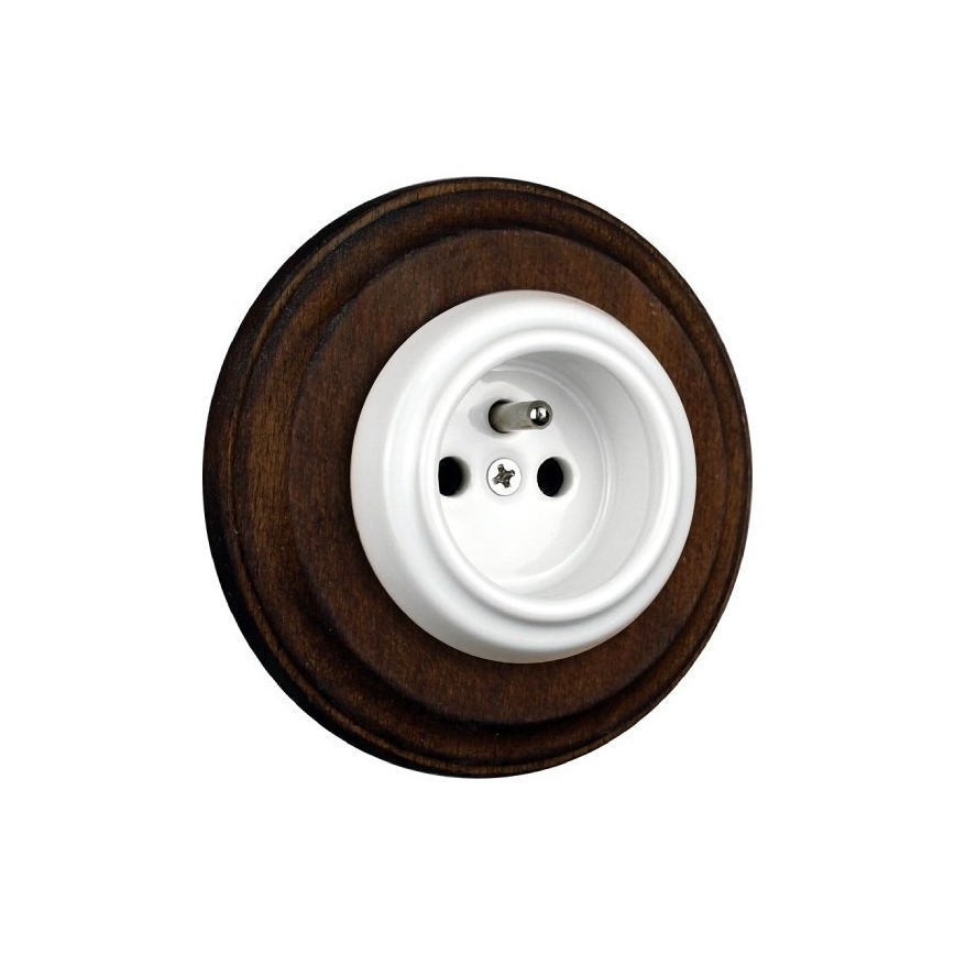 Elhard - Ceramic retro household wall outlet with frame, 230 V, white/dark wood