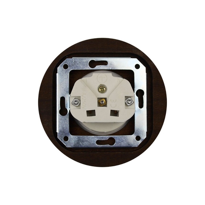 Elhard - Ceramic retro household wall outlet with frame, 230 V, white/dark wood