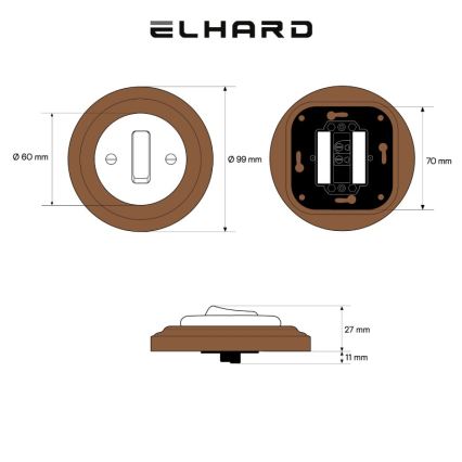 Elhard - Ceramic retro single-gang switch with frame č. 1, white/dark wood