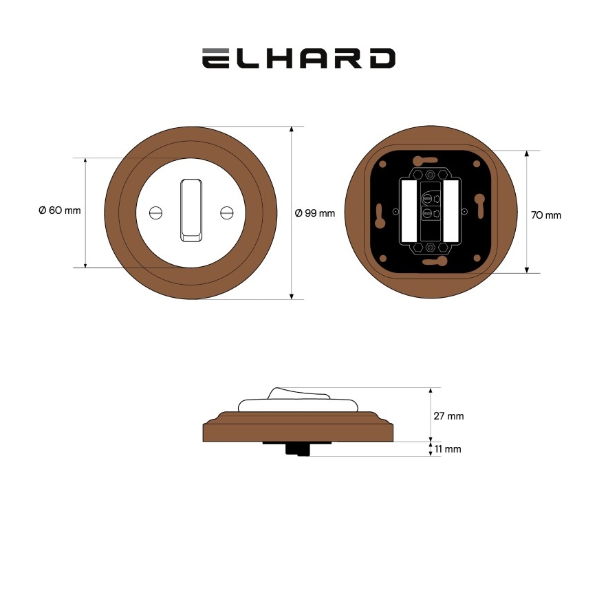 Elhard - Ceramic retro single-gang switch with frame č. 1, white/dark wood