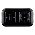 Elhard - Ceramic retro single-pole switch No. 1 and SCHUKO 230V socket with black frame