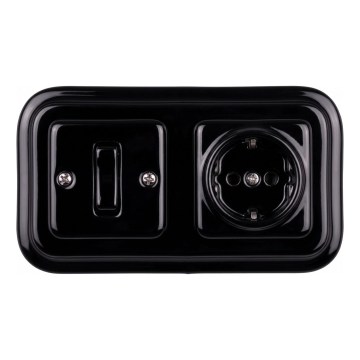 Elhard - Ceramic retro single-pole switch No. 1 and SCHUKO 230V socket with black frame