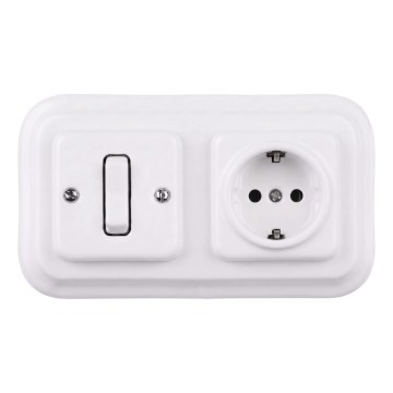 Elhard - Ceramic retro single-pole switch No. 1 and SCHUKO 230V socket with frame, white