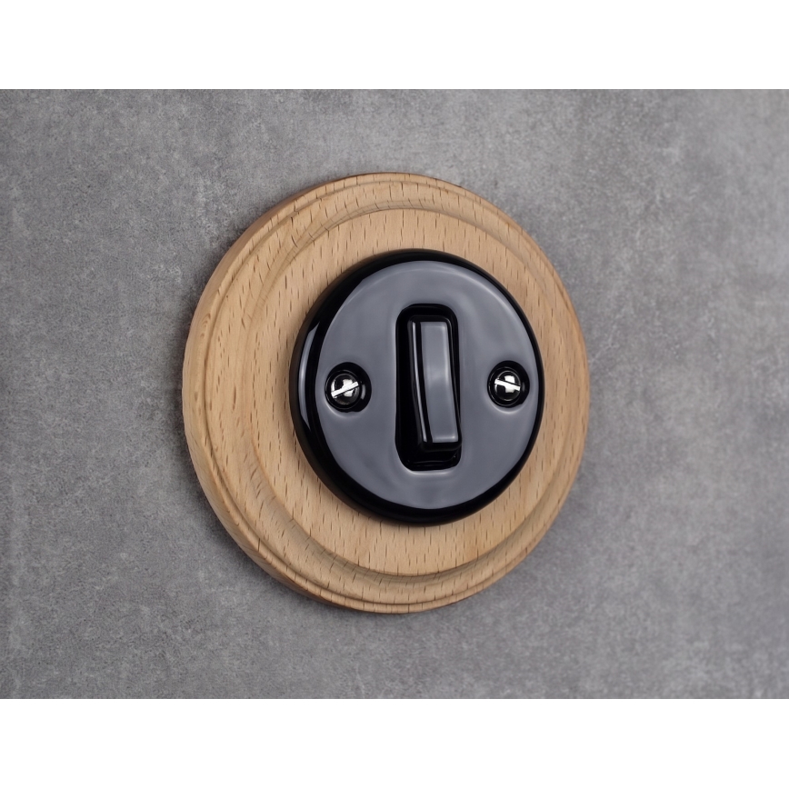 Elhard - Ceramic retro single switch with frame č. 1 black/light wood
