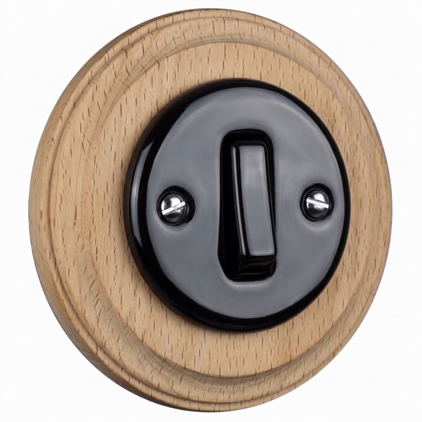 Elhard - Ceramic retro single switch with frame č. 1 black/light wood
