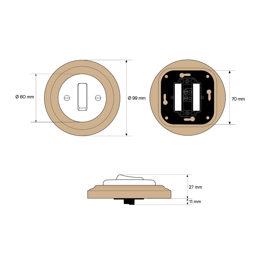 Elhard - Ceramic retro single switch with frame č. 1 black/light wood