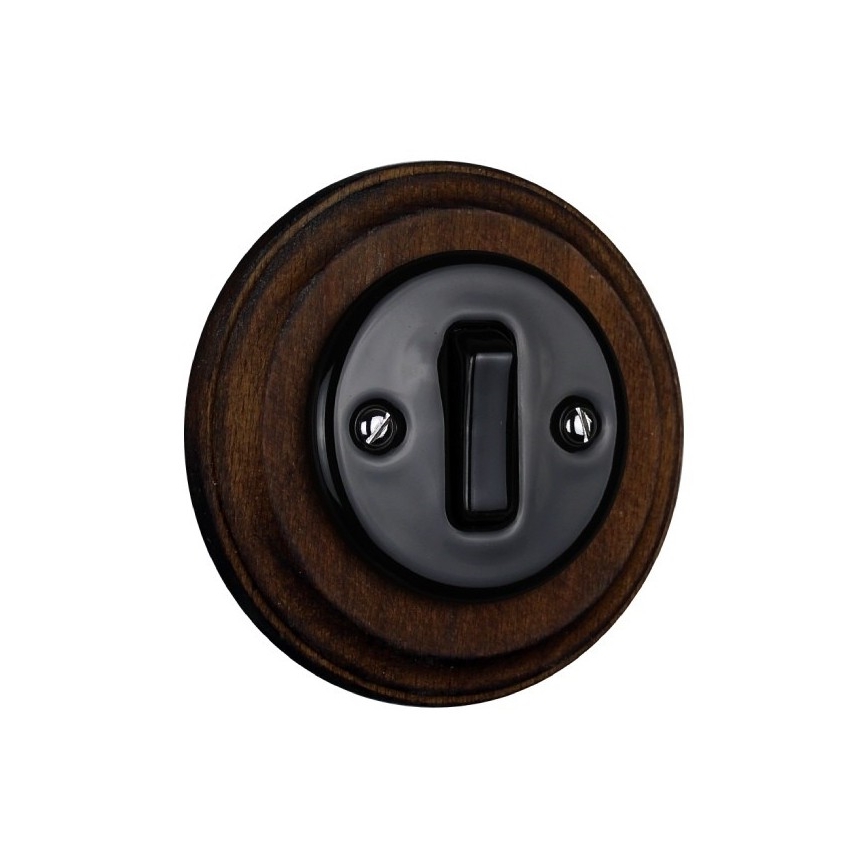 Elhard - Ceramic retro single switch with frame No. 1, black/dark wood
