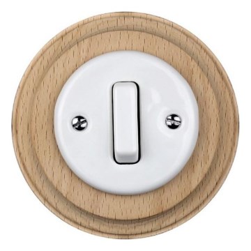 Elhard - Ceramic retro single switch with frame No. 1 white/light wood