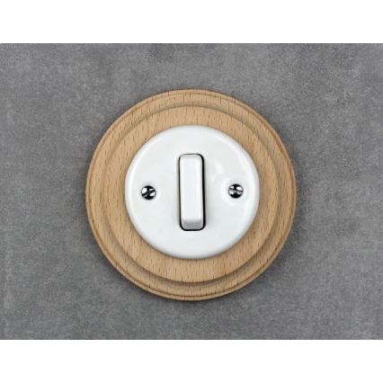 Elhard - Ceramic retro single switch with frame No. 1 white/light wood