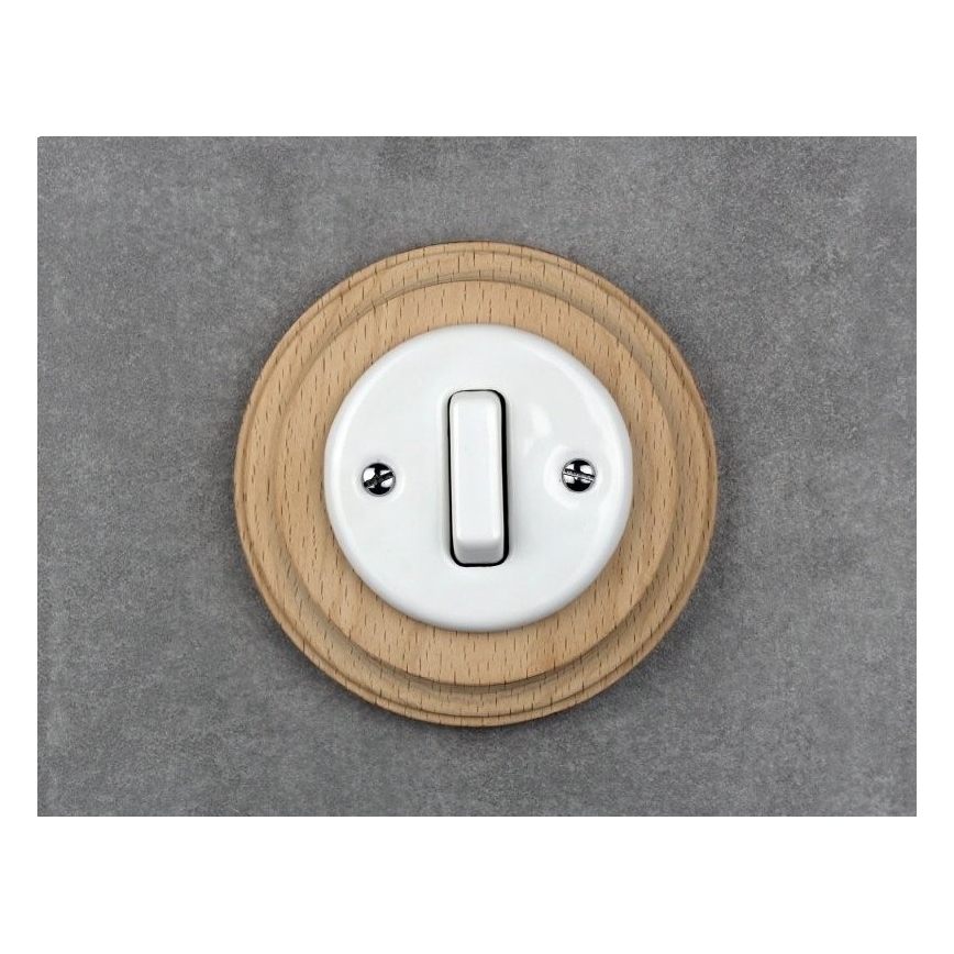 Elhard - Ceramic retro single switch with frame No. 1 white/light wood