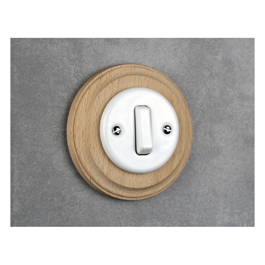 Elhard - Ceramic retro single switch with frame No. 1 white/light wood