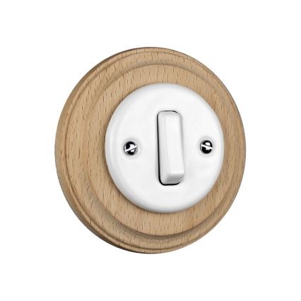 Elhard - Ceramic retro single switch with frame No. 1 white/light wood