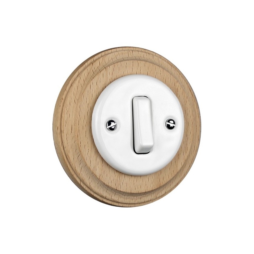 Elhard - Ceramic retro single switch with frame No. 1 white/light wood