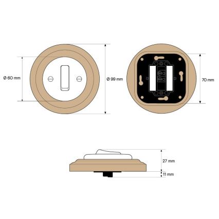 Elhard - Ceramic retro single switch with frame No. 1 white/light wood
