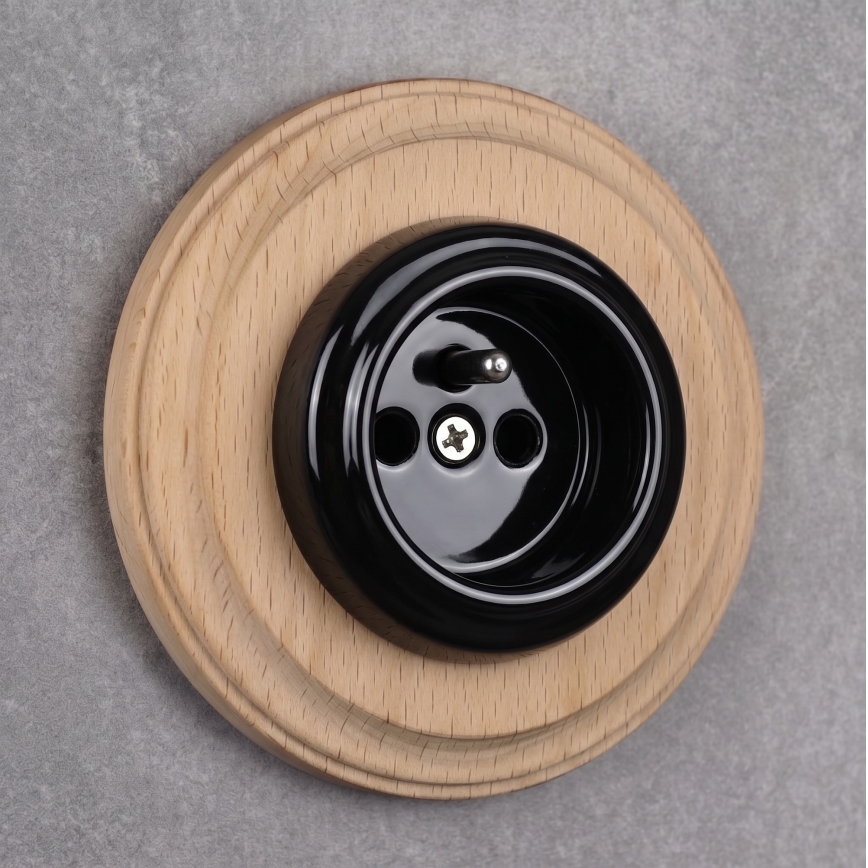 Elhard - Ceramic retro-style wall socket with frame 230V black/light wood